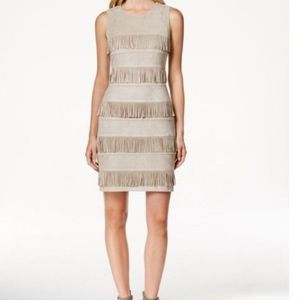 CALVIN KLEIN Women's Tan Faux Suede Fringe Midi Dress Size 14